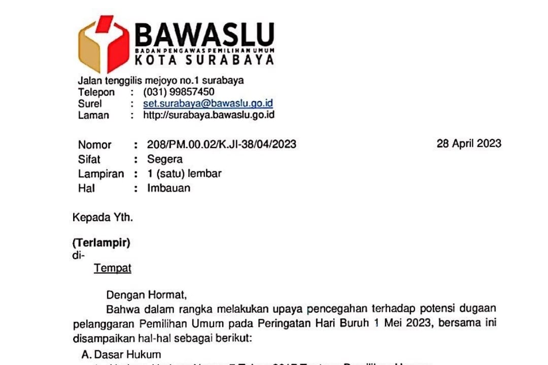 Bawaslu Surabaya Imbau Peserta Pemilu Tidak Sisipkan Kampanye Saat Peringati Hari Buruh