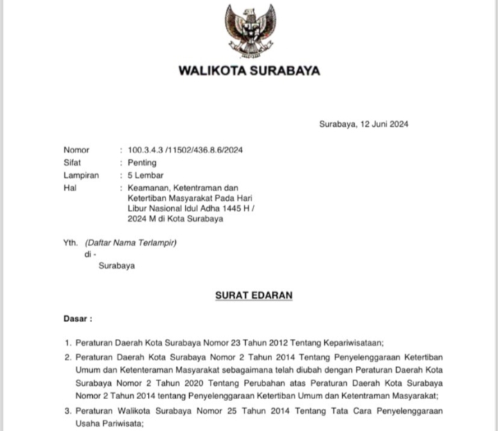 Terbitkan SE Selama Libur Hari Raya Idul Adha 1445 H, Warga Surabaya Diimbau Tak Gelar Takbir Keliling dan RHU Tutup Pukul 17.00 WIB